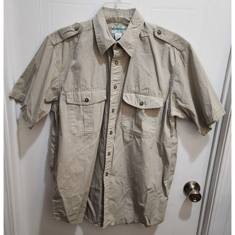 L.L Bean Buzz Off Insect Repellent Tan Short‎ Sleeve Button Up Cotton Size M REG